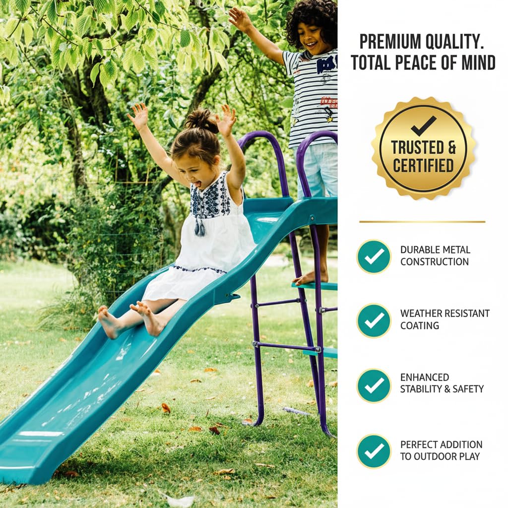 Plum Haumea 6ft Kids Slide with Wavy Design, Powder-Coated Steel Frame & 3-Rung Ladder – Teal/Purple, 3+ Years
