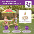Plum Rectangular Wooden Kids Picnic Table with Adjustable Parasol | Outdoor Activity Table with Benches | Natural Wood
