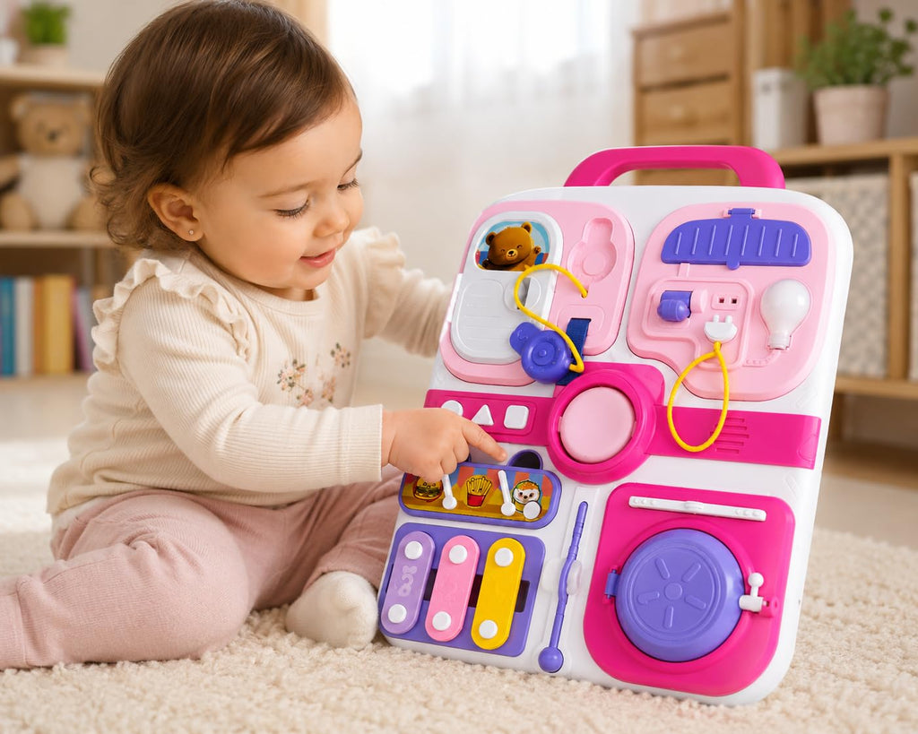 Abero Montessori Busy Board Sensory Activity Board with Switches, Locks, Buttons, Light & Learning Activities