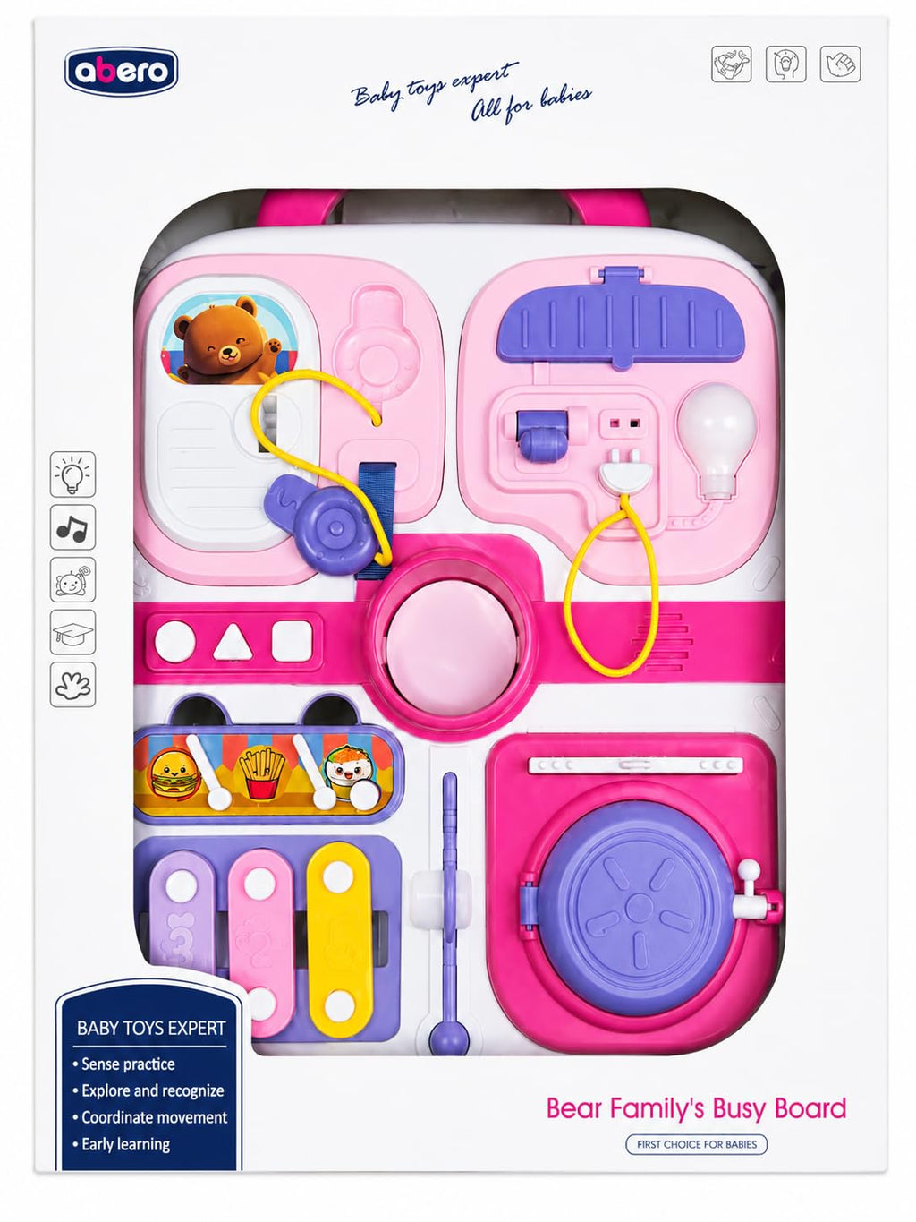 Abero Montessori Busy Board Sensory Activity Board with Switches, Locks, Buttons, Light & Learning Activities
