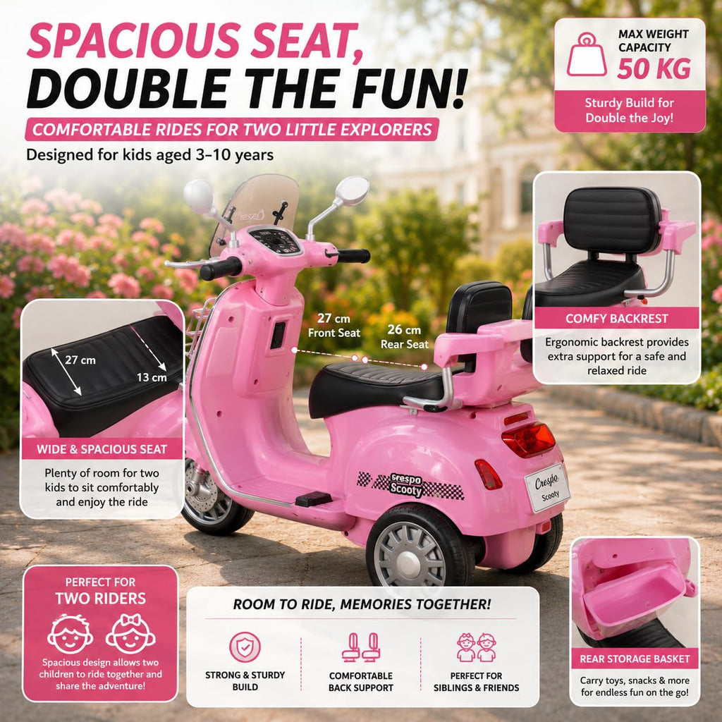 Rainbow Toys Vespa 12v Battery Operated Rechargeable Ride On Scooter with Music & Lights (Pink, Double Seater)