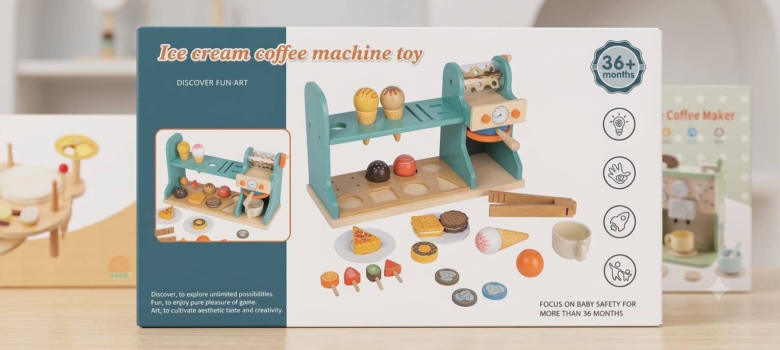 2-in-1 Wooden Ice Cream & Coffee Machine Playset – Montessori Pretend Play Kitchen Café & Dessert Counter Toy for Kids (Ages 3+)