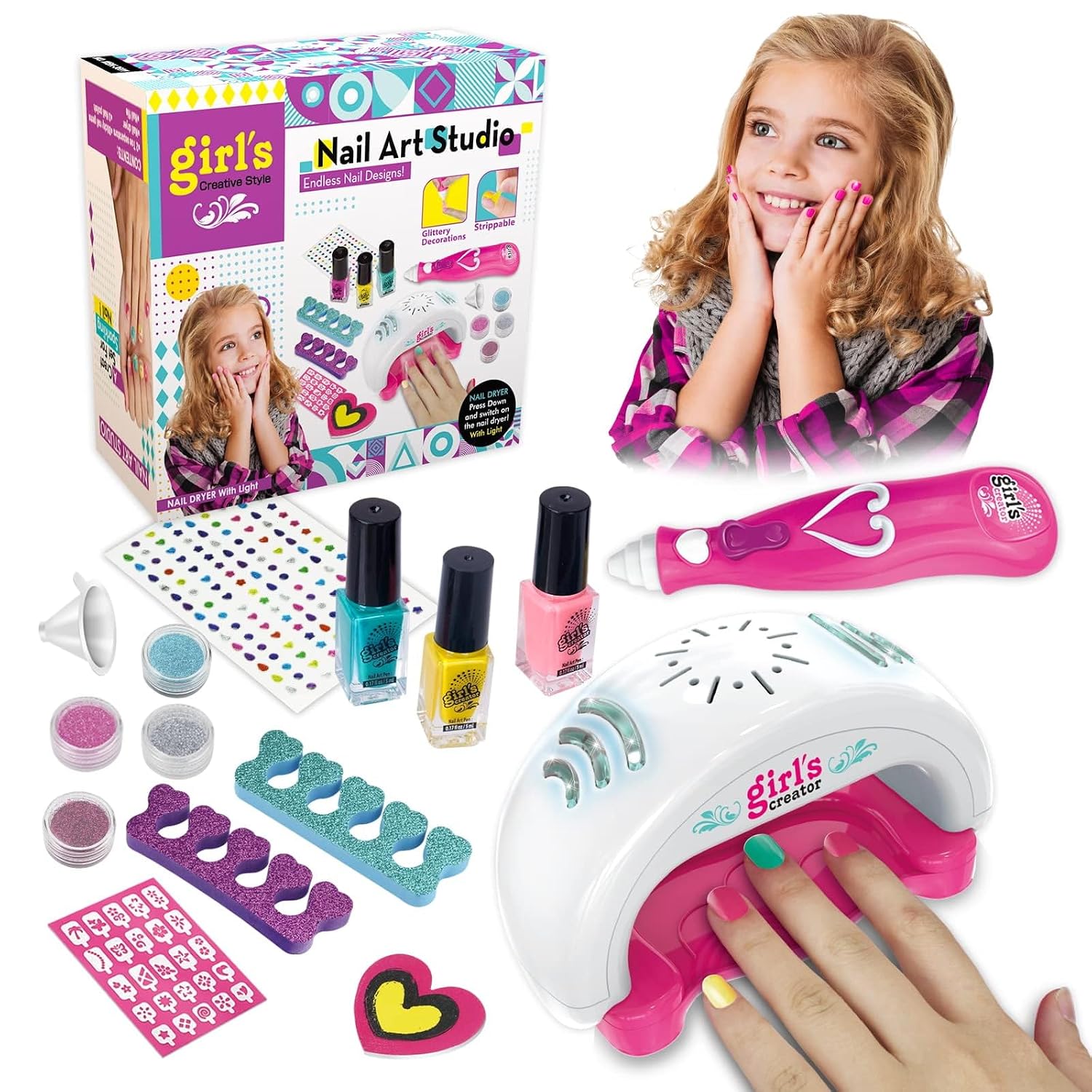 Nail Art Studio Kit for Girls – Nail Polish, Nail Stickers, Glitter & Nail Dryer  5+ Years