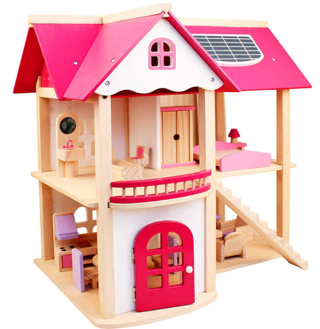 Premium Wooden Pink Doll House for Kids with Furniture & Staircase – 3 Storey Pretend Play House