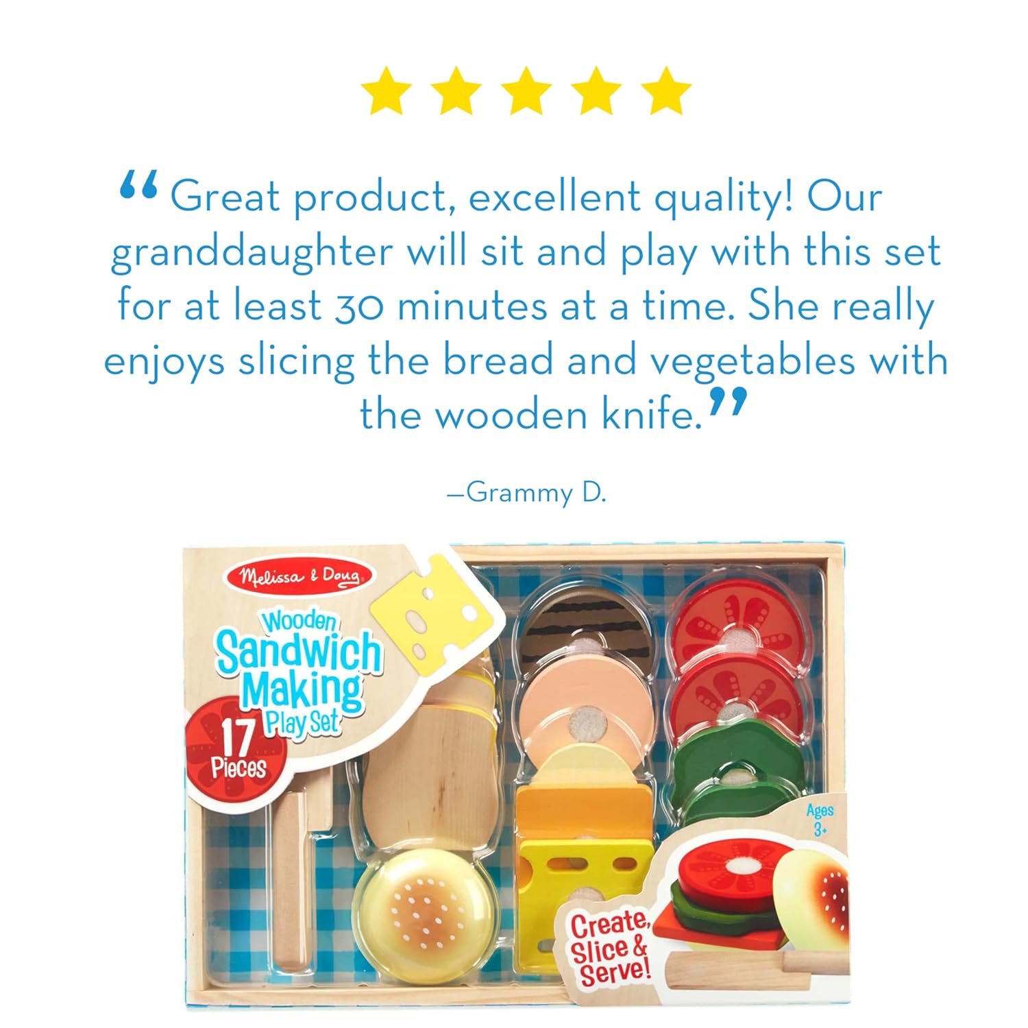 Melissa & Doug Sandwich-Making Set (Wooden Play Food, Wooden Storage Tray, High-Quality Materials, 17 Pieces)