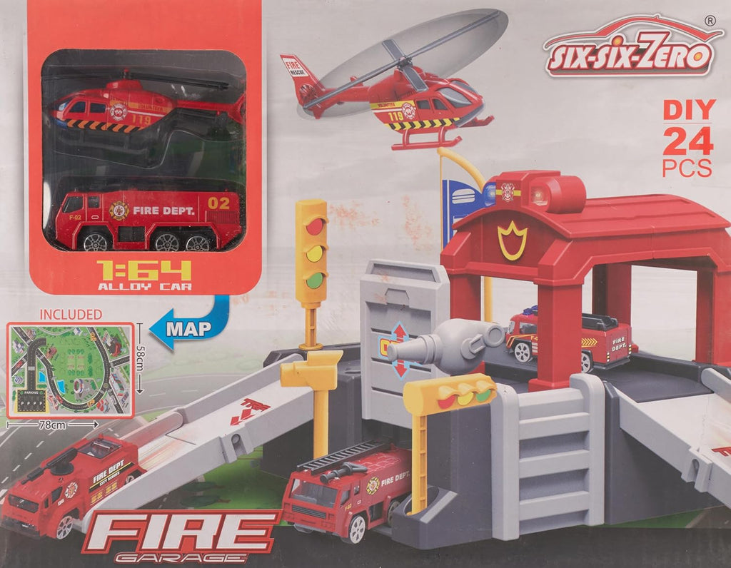 Fire Garage DIY 24 Pcs Building Set with Fire Trucks, Helicopter & Road Map – 1:64 Alloy Cars
