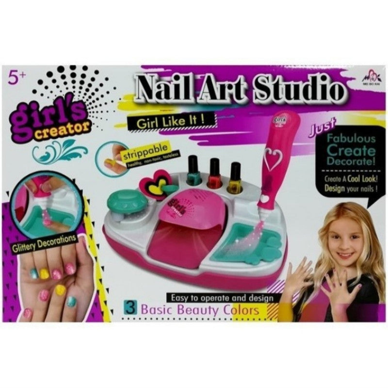 Girl's Creator DIY Nail Art Studio Kit – Kids Beauty Salon Playset with Non-Toxic Peel-Off Nail Polish & Glitter Decorator Pen (Ages 5+)