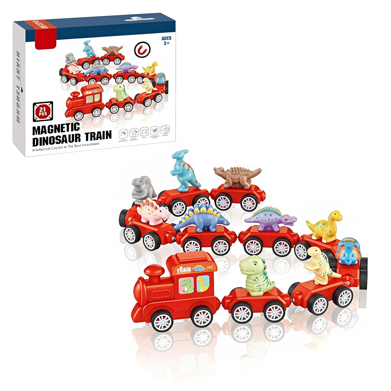 Magnetic Dinosaur Train Toy – 21 Pcs Dinosaur Educational Train Set for Kids 3+