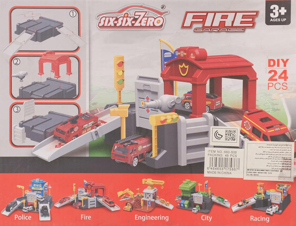 Fire Garage DIY 24 Pcs Building Set with Fire Trucks, Helicopter & Road Map – 1:64 Alloy Cars