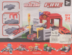 Fire Garage DIY 24 Pcs Building Set with Fire Trucks, Helicopter & Road Map – 1:64 Alloy Cars