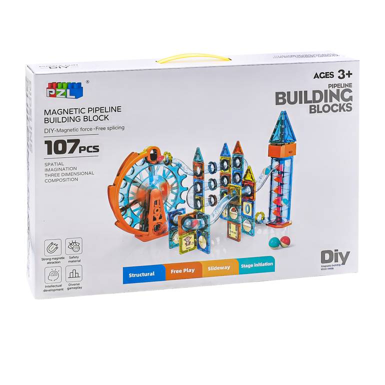 PZL Marble Run Set 107-Piece Magnetic Tile Building with Ferris Wheel & Elevator, Marble Run