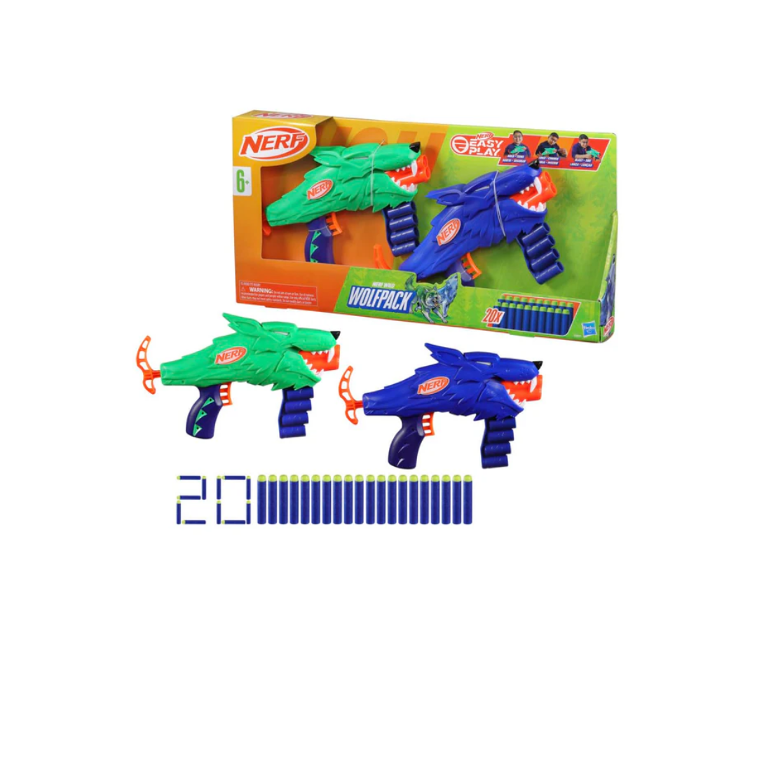 Nerf Wild Wolfpack, Includes 2 Easy Play Nerf Blasters, Wolf Designs, 20 Nerf Elite Darts, Wolf