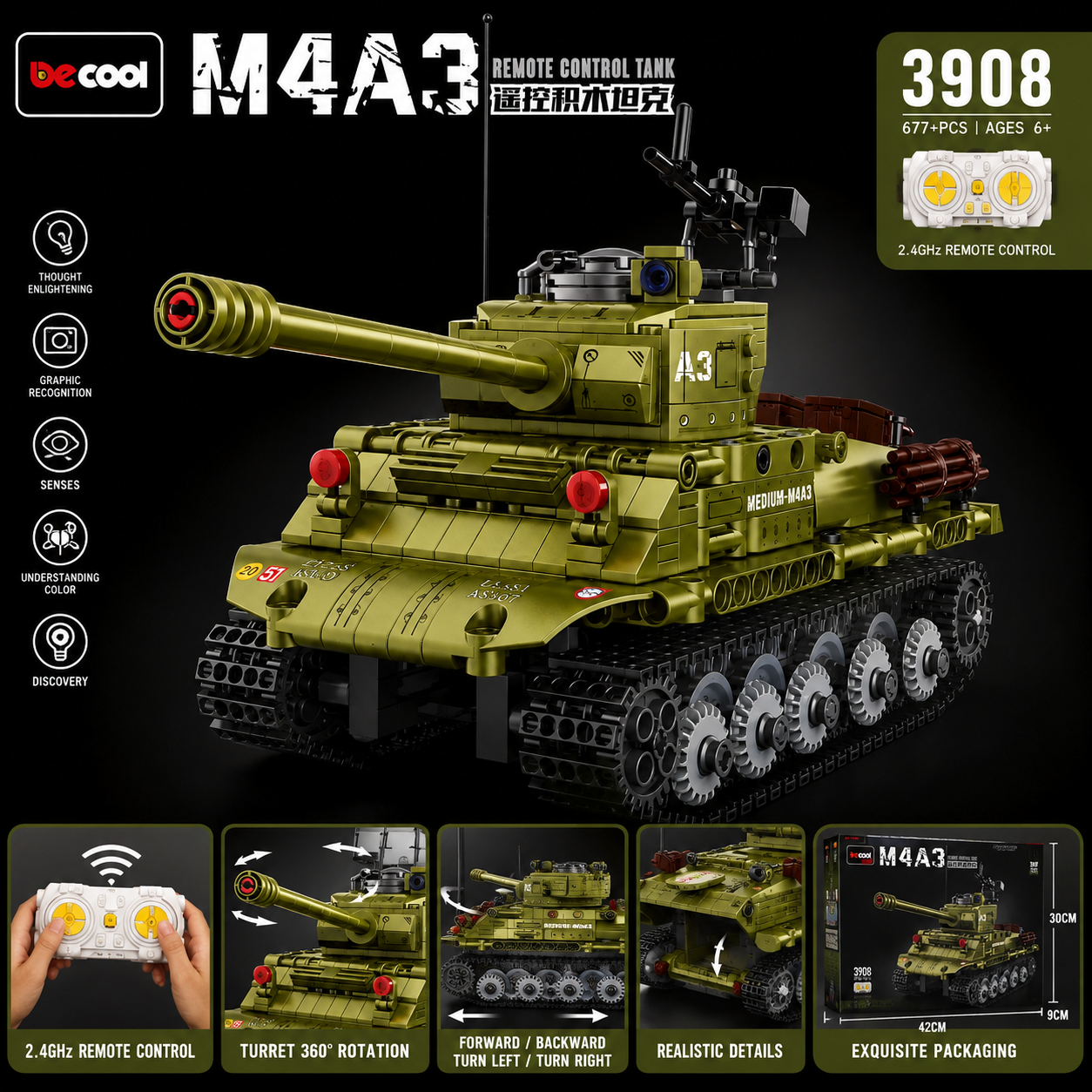 M4A3 Remote Control Tank Building Set – 677+ Pieces Military Tank Toy