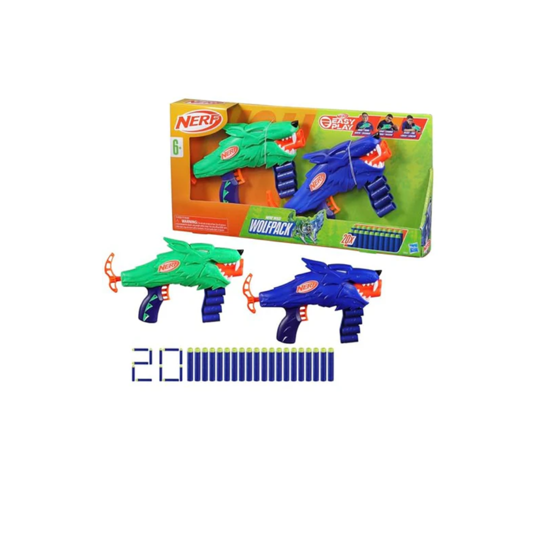 Nerf Wild Wolfpack, Includes 2 Easy Play Nerf Blasters, Wolf Designs, 20 Nerf Elite Darts, Wolf