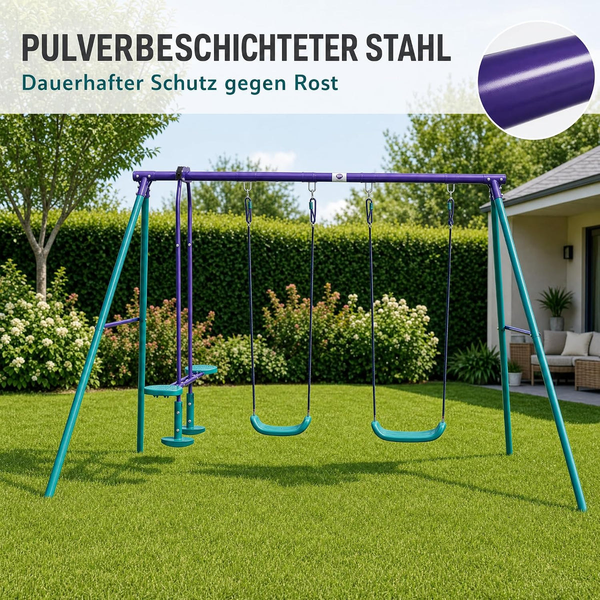 Plum Jupiter Metal Double Swing Set with Glider for Kids 3–10 Years – 2 Swings, Glider & Steel Frame, Multicolour