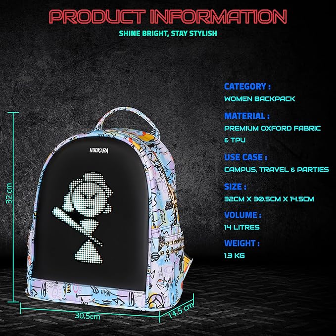 Hookaba Dazz Roll LED Backpack 14L Smart Pixel Display Bag | App Controlled, USB charge, Programmable Screen & Water Resistant White