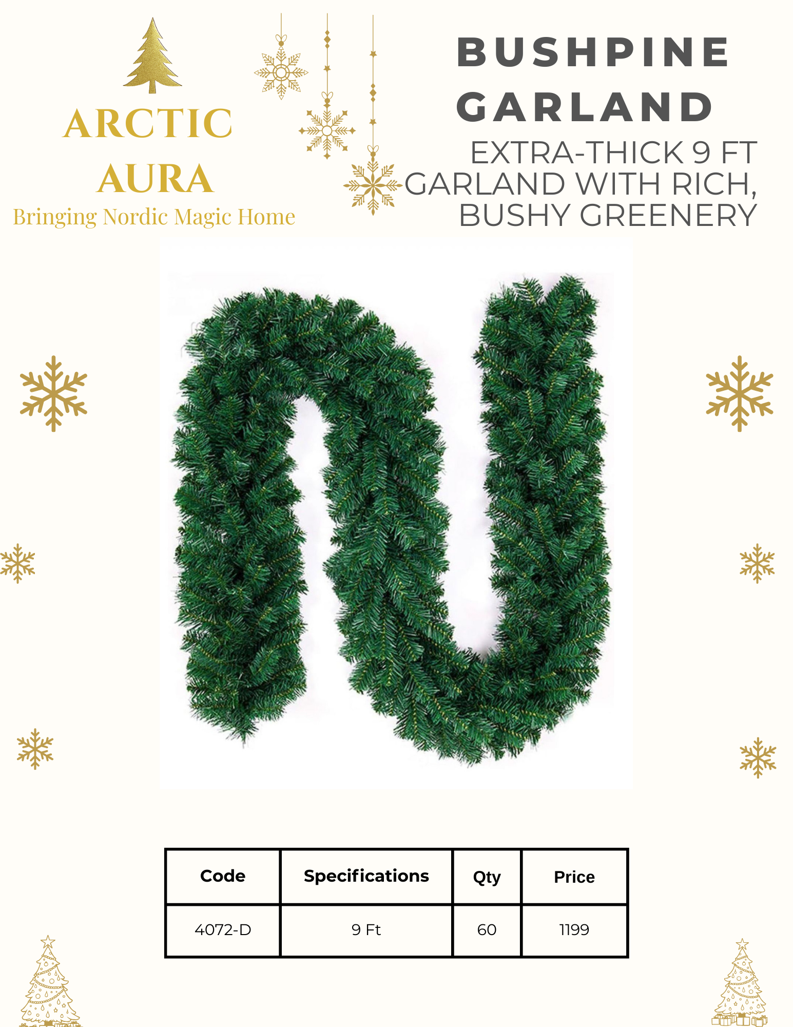Christmas Bush Pine Garland Extra-Thick 9 Ft Garland With Rich, Bushy Greenery (4072-D)
