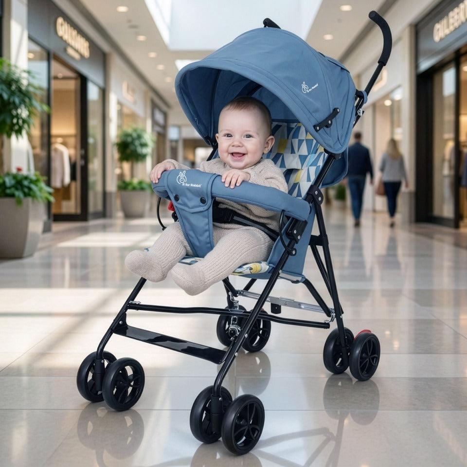 R for Rabbit Pixie Buggy Stroller Easy to Fold and Store, UV Sun Protection Canopy, Rear Brakes, Storage Bag - Abstract Blue