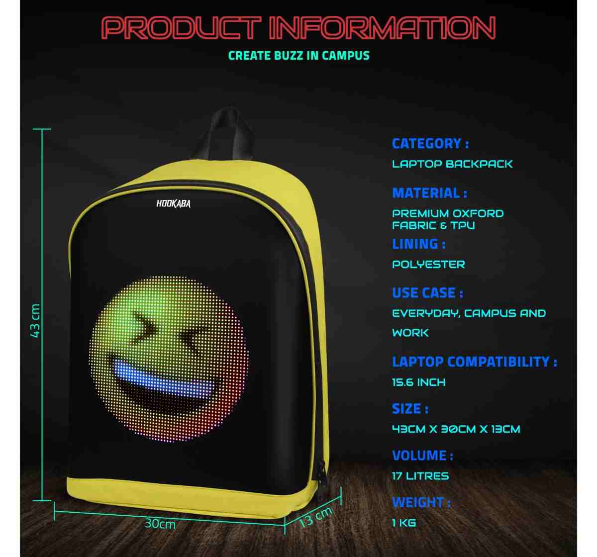 Hookaba Urban Buzz Yellow LED 16.8 Ltr Backpack