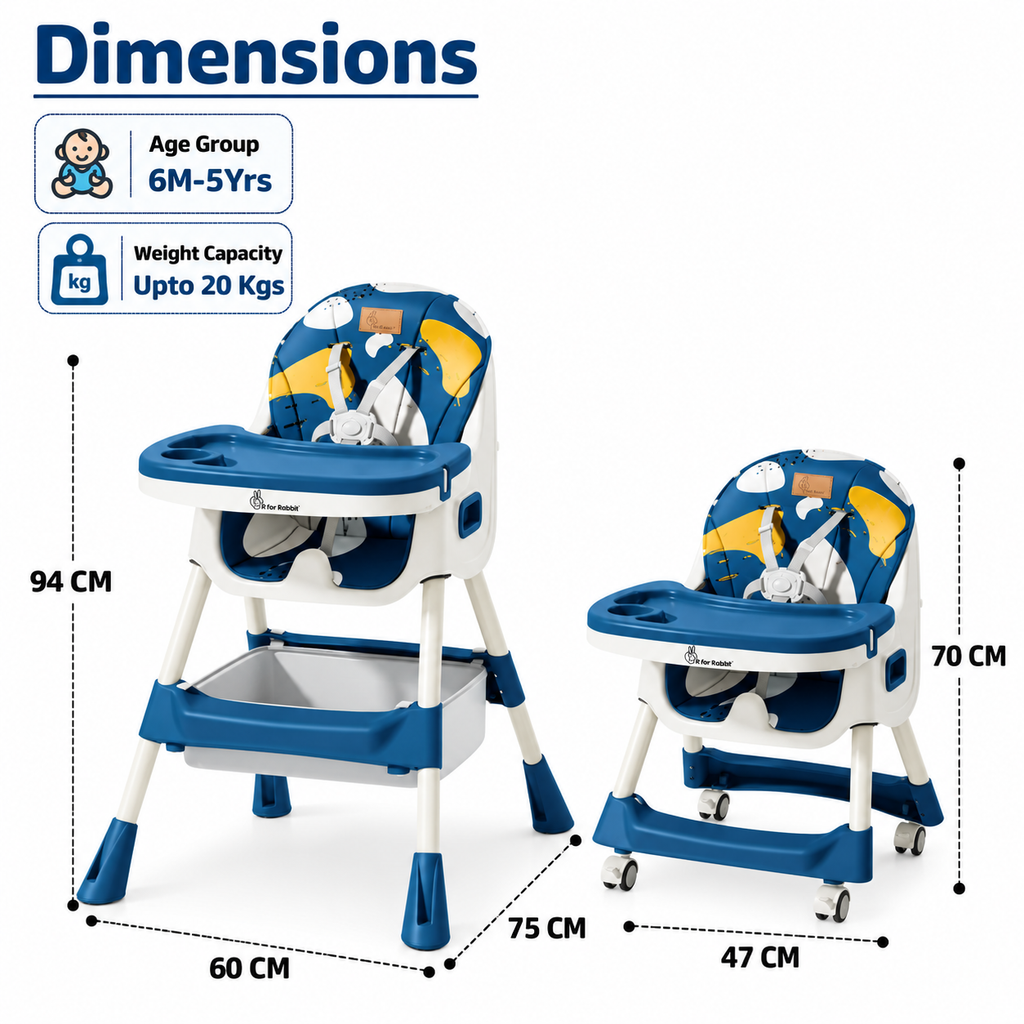 R for Rabbit Sugar Doodle Plus 3-in-1 Convertible Baby High Chair with 5-Point Harness, Dual Tray & Removable Wheels – 6 Months to 5 Years, Indigo Dye