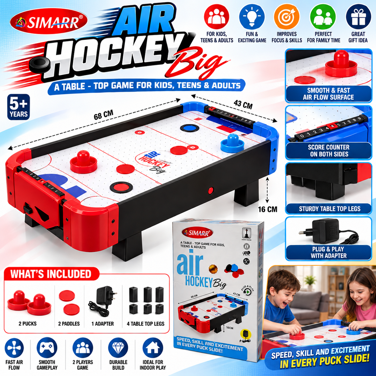 Simarr Air Hockey Big Tabletop Game | 68 × 43 × 16 cm | Plug & Play Air Hockey Set for Kids & Adults