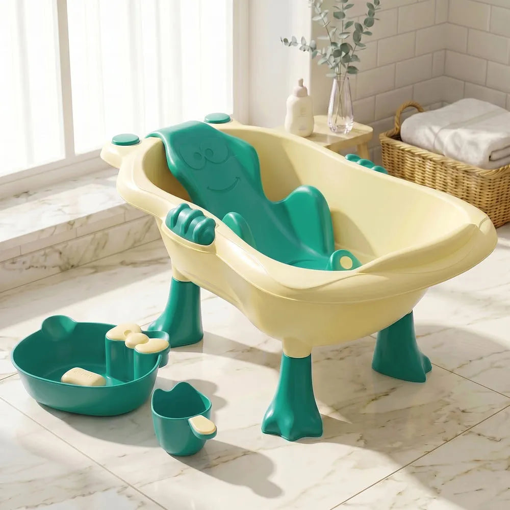 StarAndDaisy Aqua Nest Elevated Baby Bathtub with Support Seat & Bath Accessories – Green & Cream