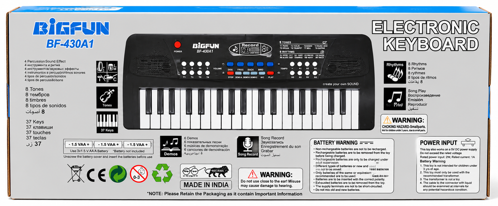 Bigfun BF-430A1 37 Keys Electronic Keyboard Piano with Microphone, 8 Tones & 8 Rhythms for Kids Ages 4+