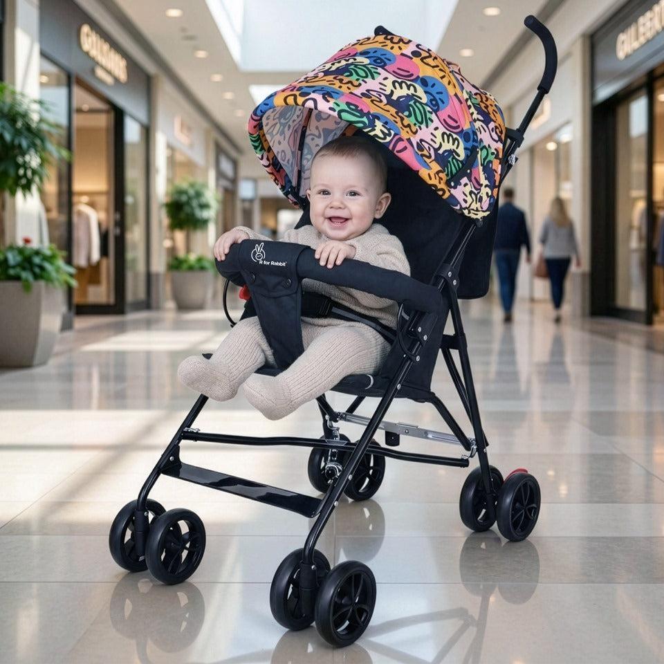 R for Rabbit Pixie Buggy Stroller Easy to Fold and Store, UV Sun Protection Canopy, Rear Brakes, Storage Bag - Black Multi