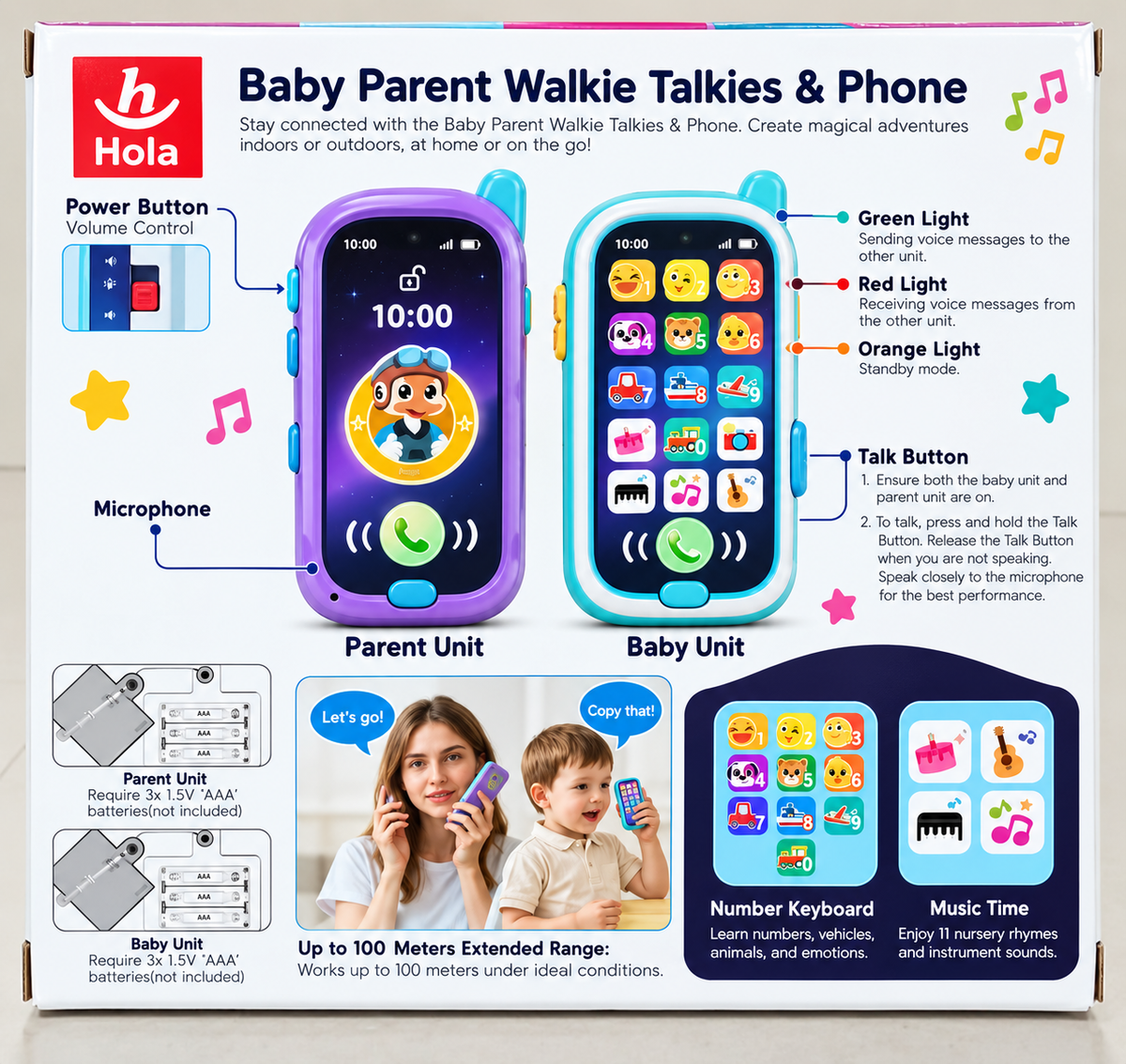 Hola 2-in-1 Baby Parent Walkie Talkies & Toy Phone for Kids Ages 1–6 Years