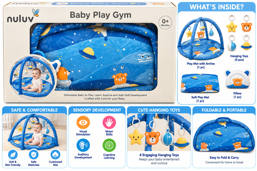 Nuluv Baby Play Gym | Soft Activity & Play Mat with Hanging Toys | 0+ Months