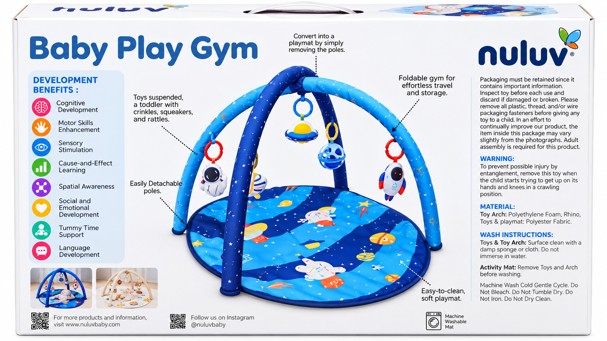 Nuluv Baby Play Gym | Soft Activity & Play Mat with Hanging Toys | 0+ Months