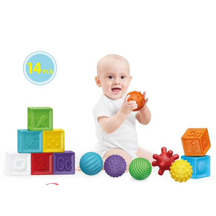 Open Ended Baby's First Soft Sensory Toy Set -Balls & Blocks (14 Pieces)