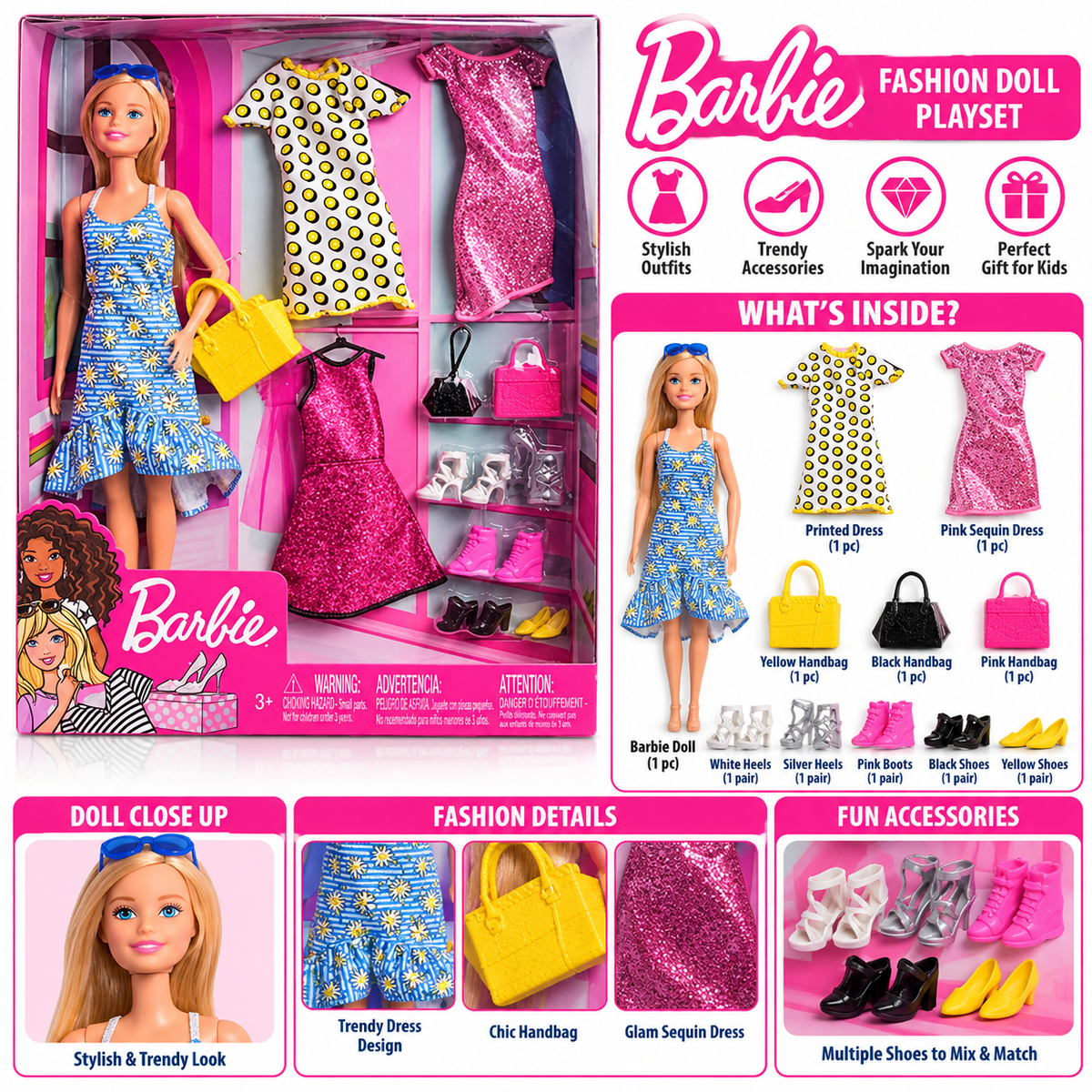 Barbie Fashion Doll with 3 Extra Dresses, Handbags & Shoes | Fashion Dress-Up Play Set for Kids 3+