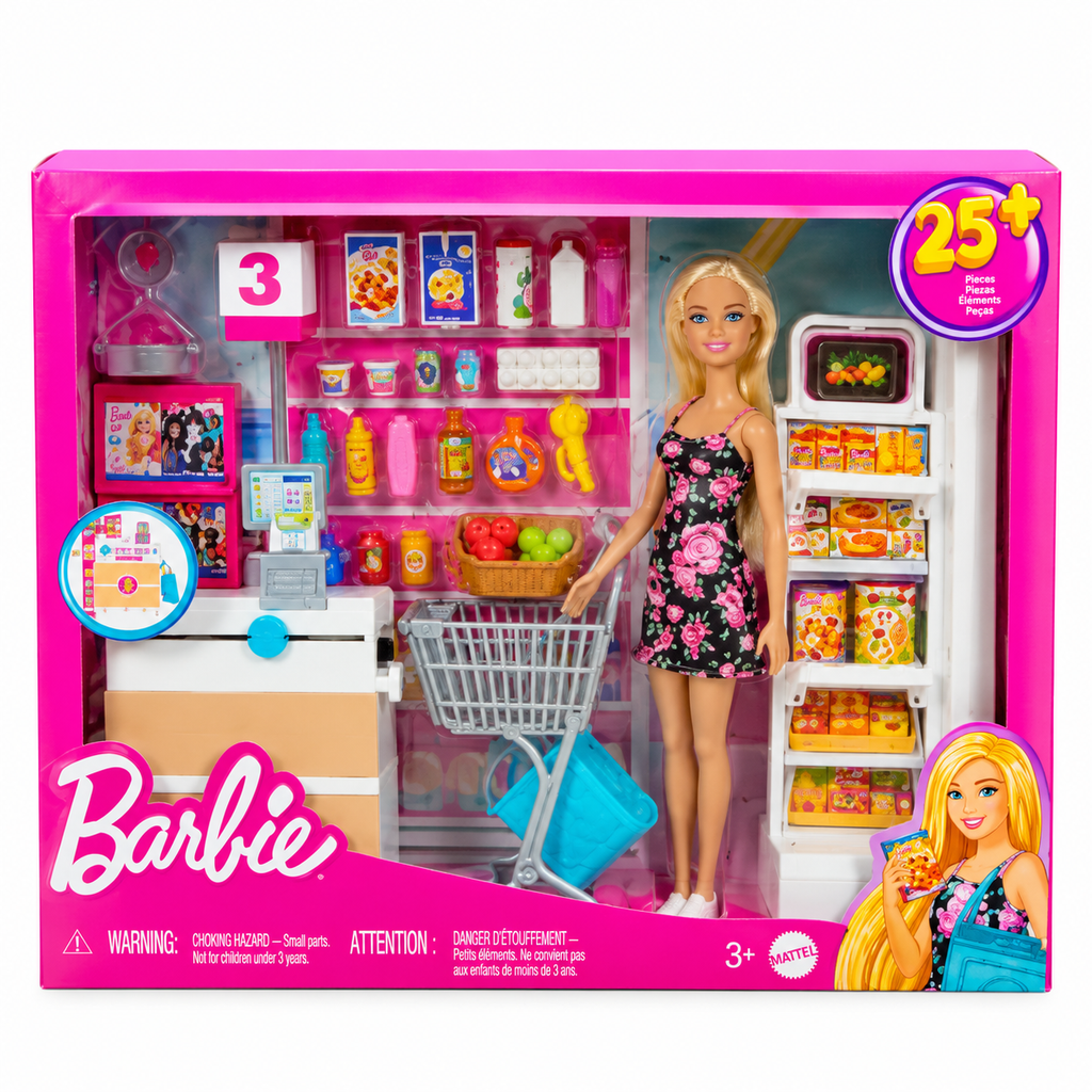 Barbie Supermarket Grocery Shopping Playset with Doll, Shopping Cart & 25+ Accessories | 3+ Years