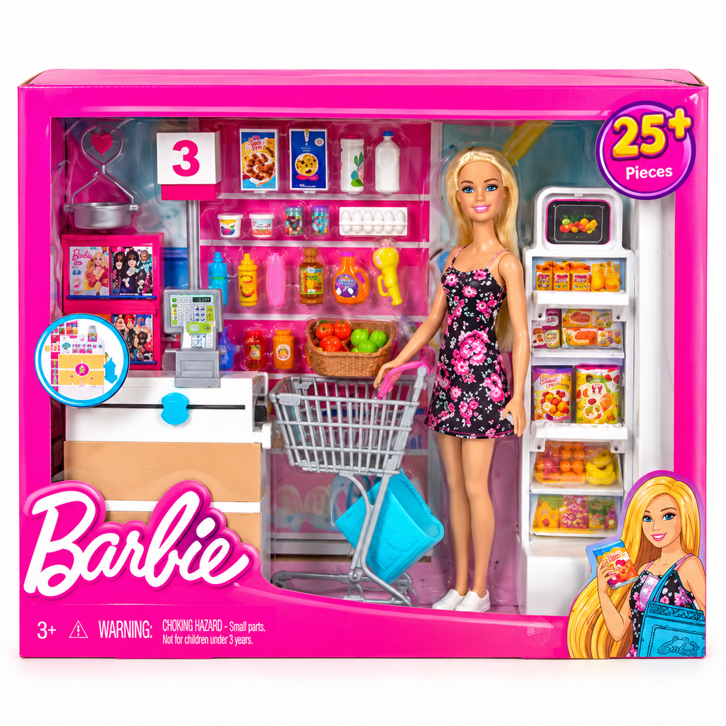 Barbie Supermarket Grocery Shopping Playset with Doll, Shopping Cart & 25+ Accessories | 3+ Years