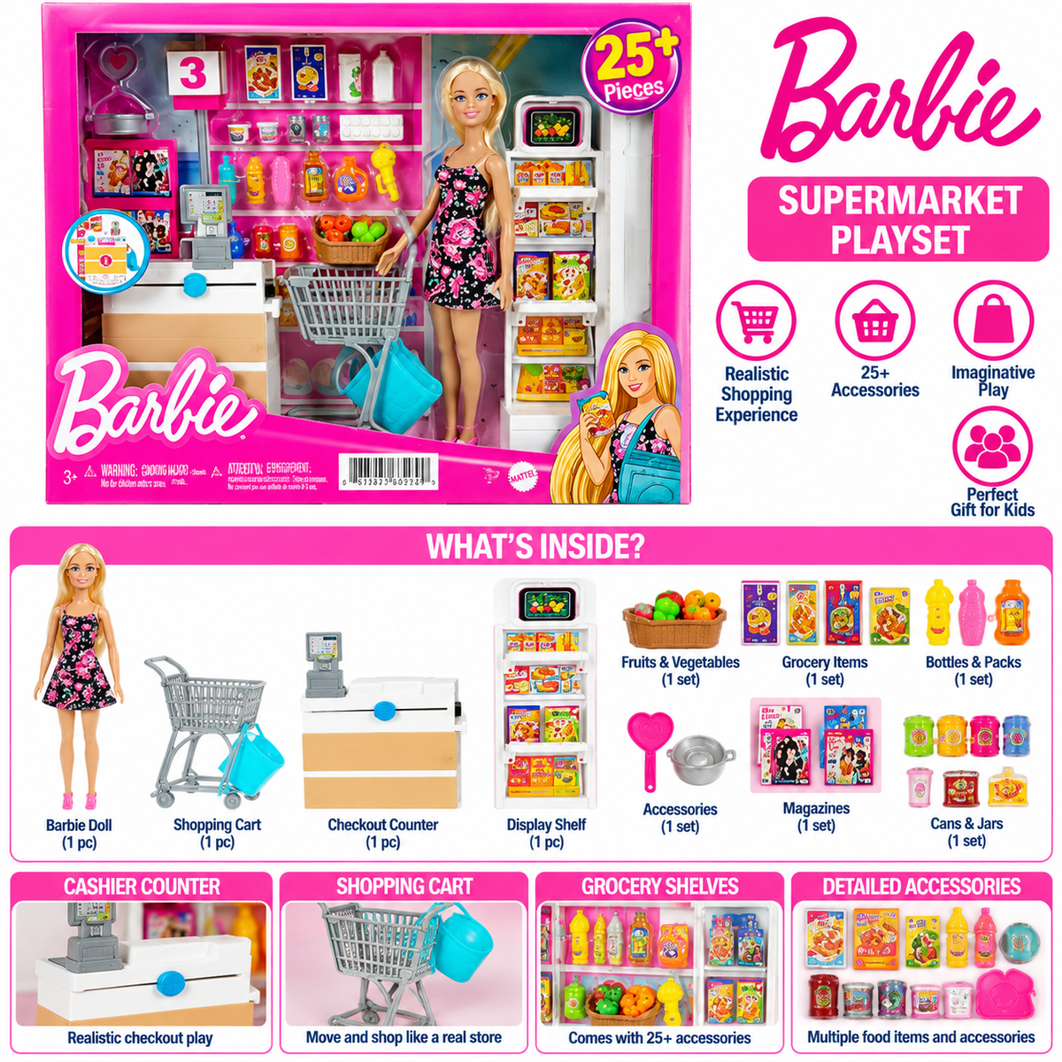 Barbie Supermarket Grocery Shopping Playset with Doll, Shopping Cart & 25+ Accessories | 3+ Years