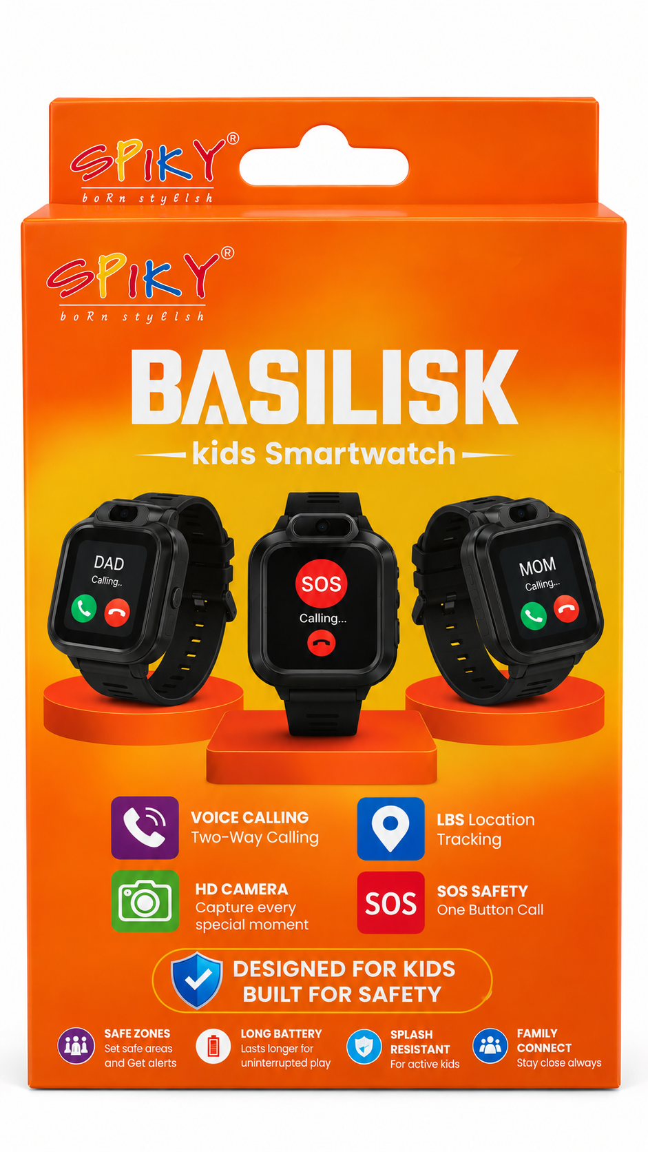 SPIKY BASILISK Kids Smartwatch with Voice Calling, LBS Location Tracking, HD Camera Black
