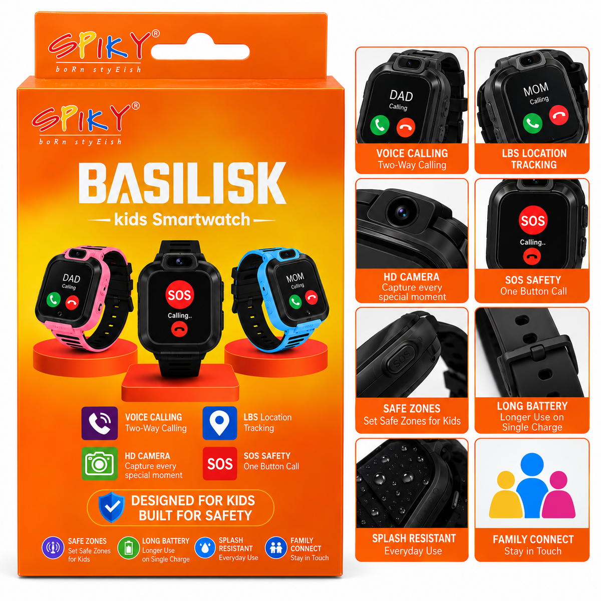 SPIKY BASILISK Kids Smartwatch with Voice Calling, LBS Location Tracking, HD Camera Black