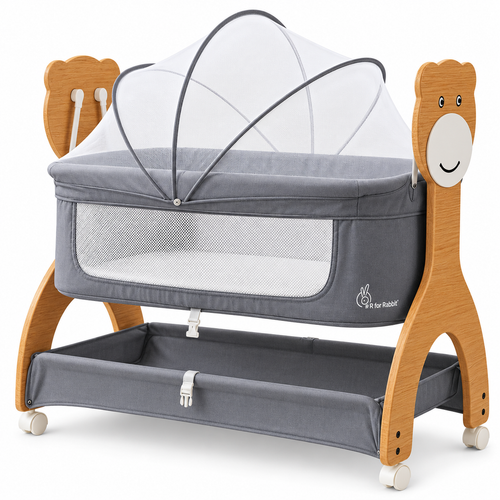 R for Rabbit Lullabies Woodsy Manual Wooden Baby Cradle with Mosquito Net, Storage Basket & Lockable Wheels – 0–12 Months, Dark Grey