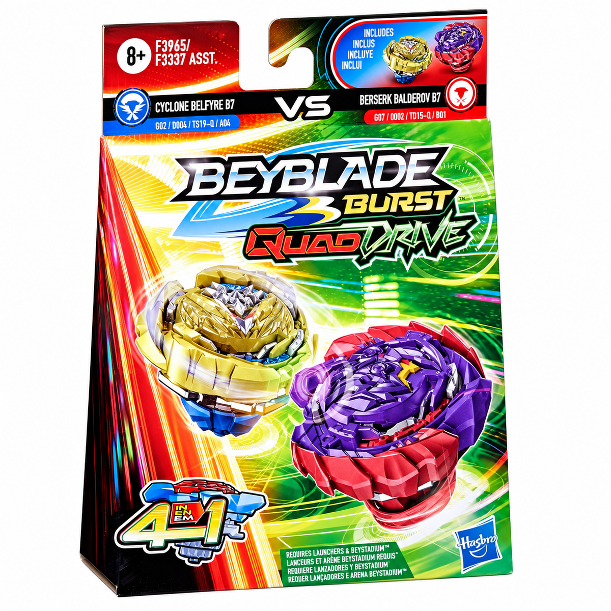 Hasbro Beyblade Burst QuadDrive Cyclone Belfyre B7 vs Berserk Balderov B7 Dual Pack | 4-in-1 Spinning Top Battle Set for Kids Ages 8+