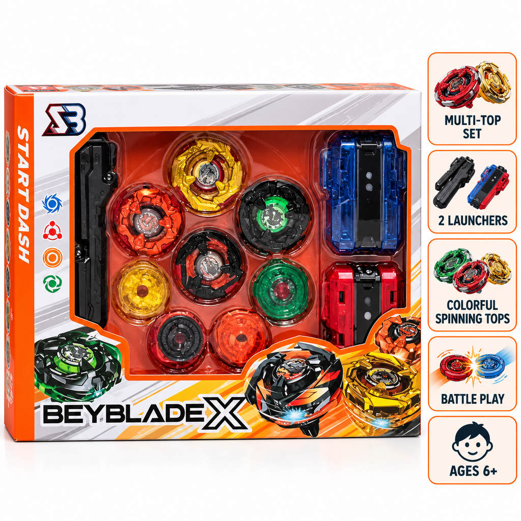 Beyblade X Starter Dash Spinning Battle Top Set with 8 Assorted Tops, 2 Launchers & Accessories for Kids Ages 6+