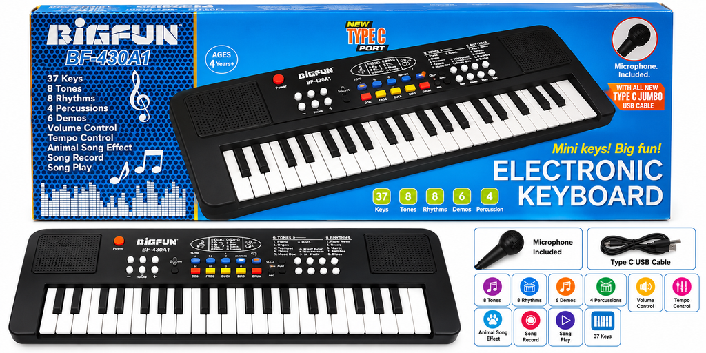 Bigfun BF-430A1 37 Keys Electronic Keyboard Piano with Microphone, 8 Tones & 8 Rhythms for Kids Ages 4+