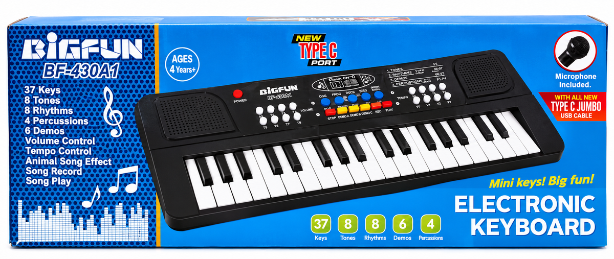 Bigfun BF-430A1 37 Keys Electronic Keyboard Piano with Microphone, 8 Tones & 8 Rhythms for Kids Ages 4+