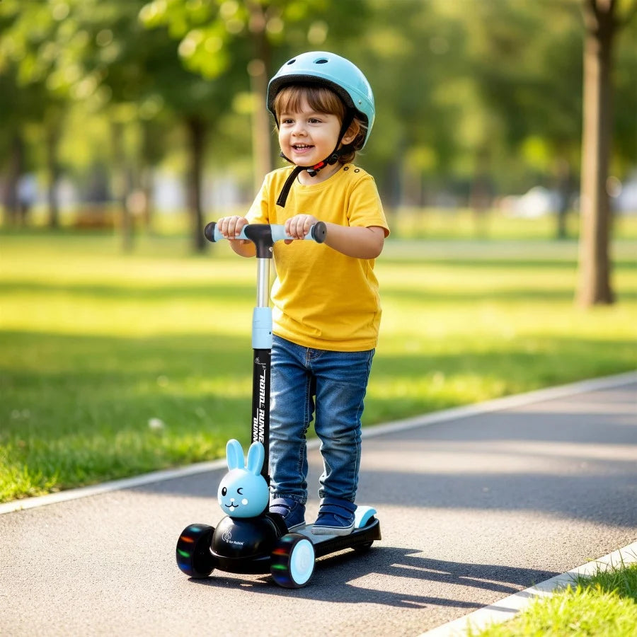 R for Rabbit Road Runner Bunny 3-Wheel Kick Scooter for Kids with PU LED Wheels, Adjustable Height & Foldable Design – Black Blue