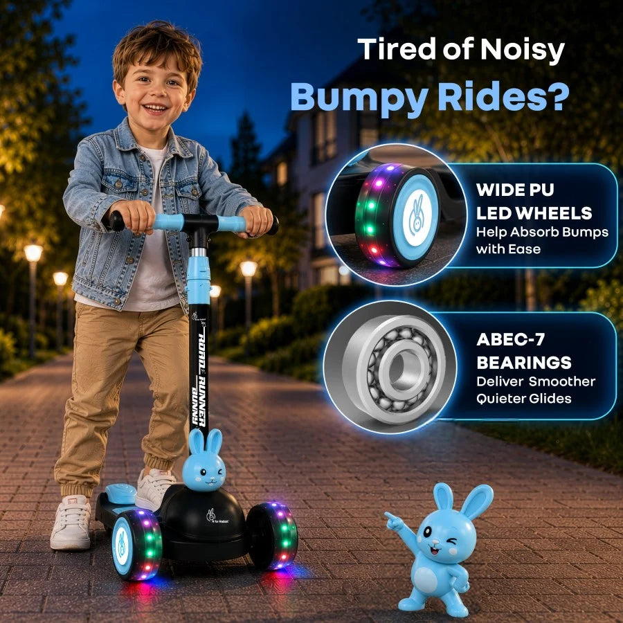 R for Rabbit Road Runner Bunny 3-Wheel Kick Scooter for Kids with PU LED Wheels, Adjustable Height & Foldable Design – Black Blue