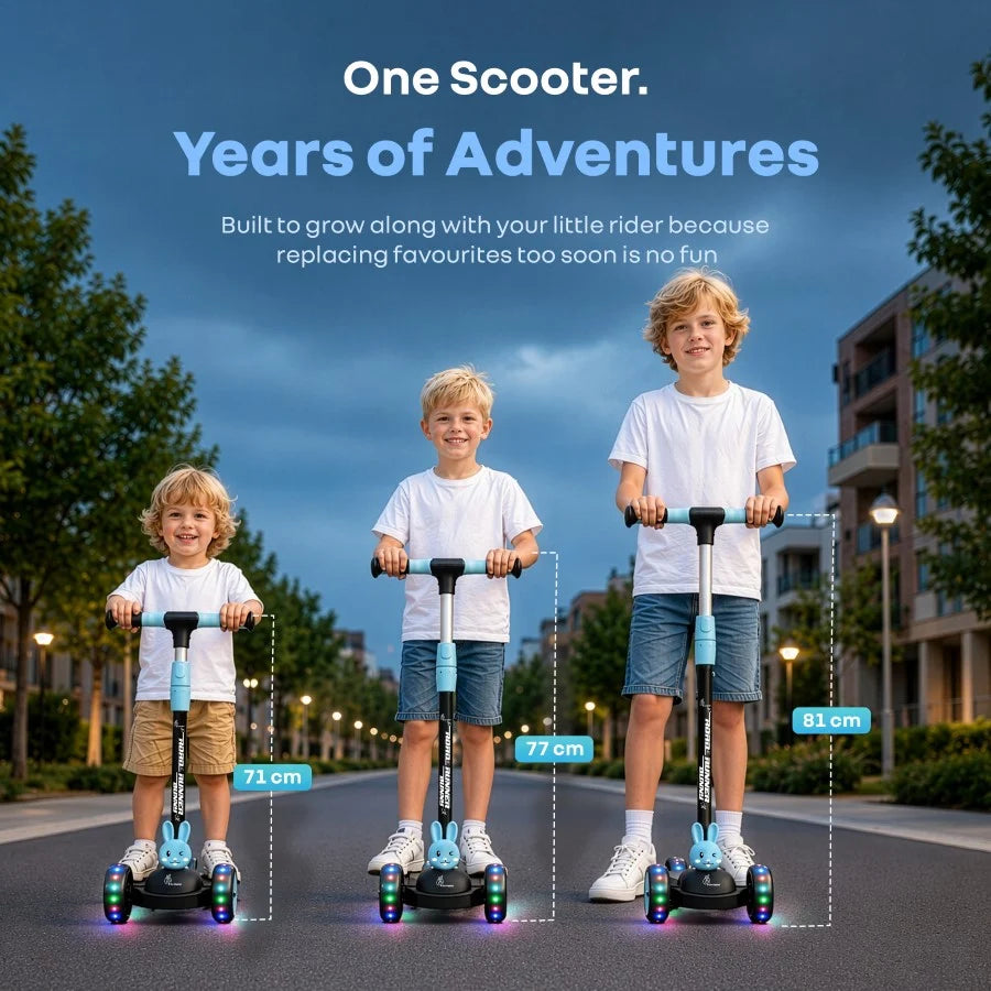 R for Rabbit Road Runner Bunny 3-Wheel Kick Scooter for Kids with PU LED Wheels, Adjustable Height & Foldable Design – Black Blue