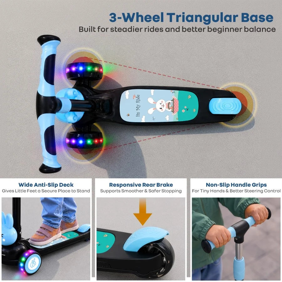 R for Rabbit Road Runner Bunny 3-Wheel Kick Scooter for Kids with PU LED Wheels, Adjustable Height & Foldable Design – Black Blue