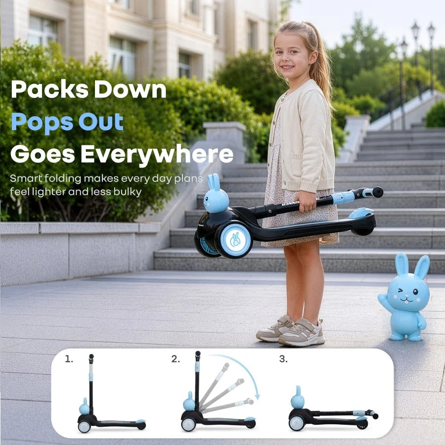 R for Rabbit Road Runner Bunny 3-Wheel Kick Scooter for Kids with PU LED Wheels, Adjustable Height & Foldable Design – Black Blue