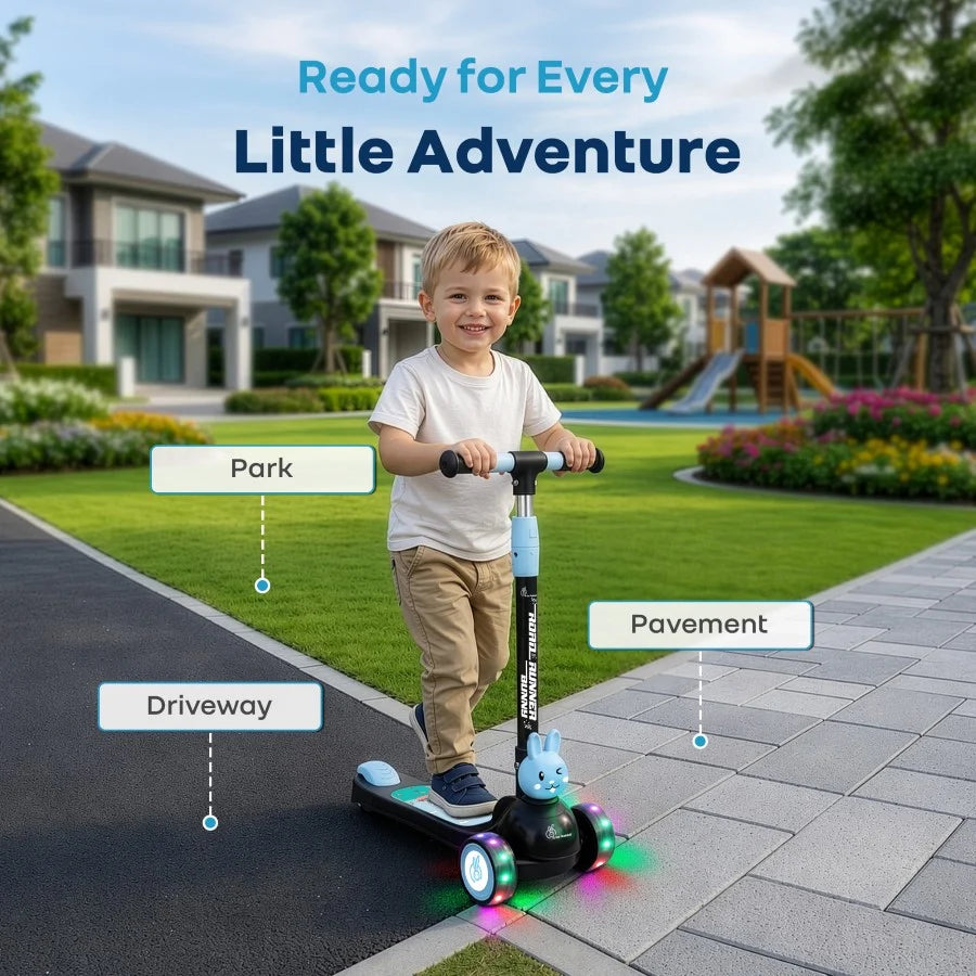 R for Rabbit Road Runner Bunny 3-Wheel Kick Scooter for Kids with PU LED Wheels, Adjustable Height & Foldable Design – Black Blue