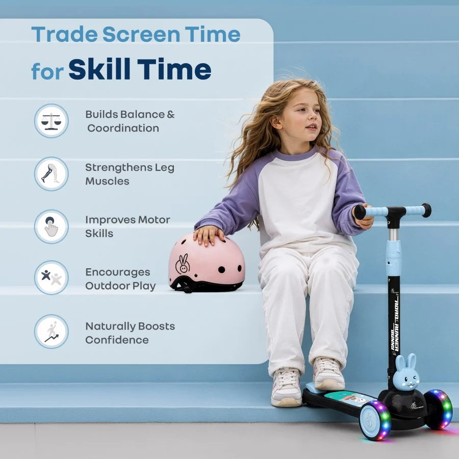 R for Rabbit Road Runner Bunny 3-Wheel Kick Scooter for Kids with PU LED Wheels, Adjustable Height & Foldable Design – Black Blue